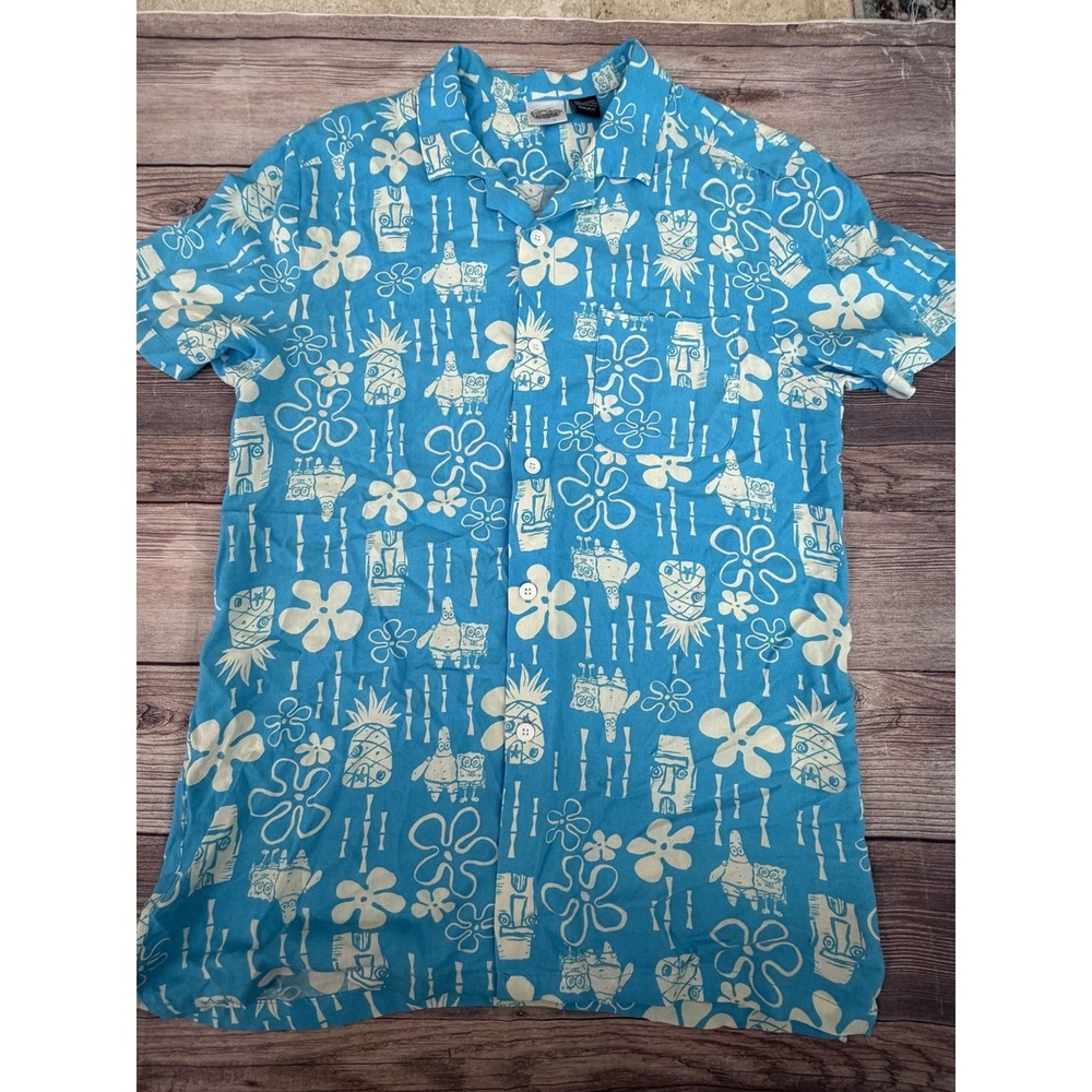 SpongeBob SquarePants Hawaiian Shirt Mens S Camp Blue Tiki Nickelodeon Retro